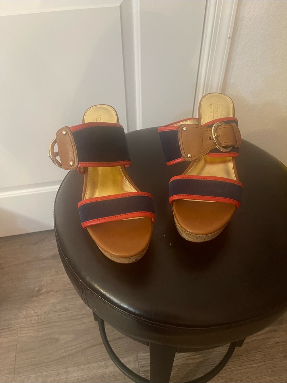 Coach Navy and Tan Wedge Sandals with Red Trim - Picture 1 of 4